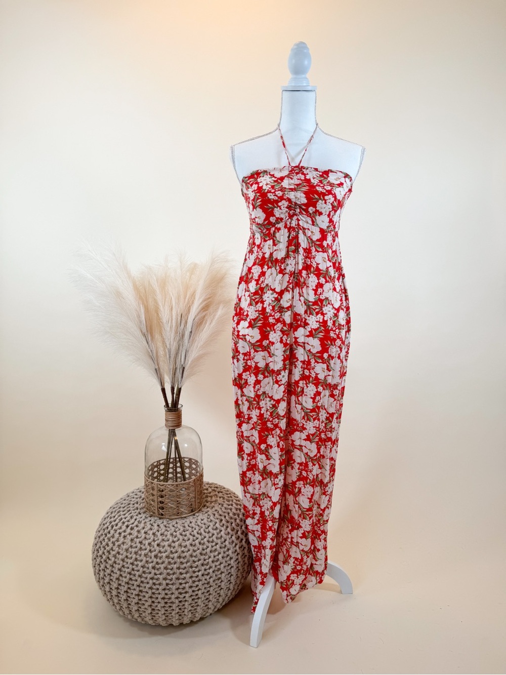American Eagle Outfitters Red and White Floral Halter Jumpsuit